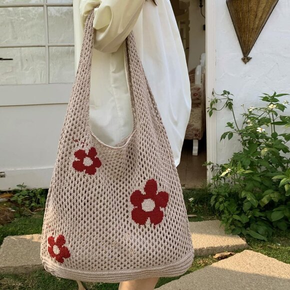Women's Light Brown Crochet Bag Cute Mesh Summer Knitted Shoulder Beach Tote Bag - Picture 6 of 7